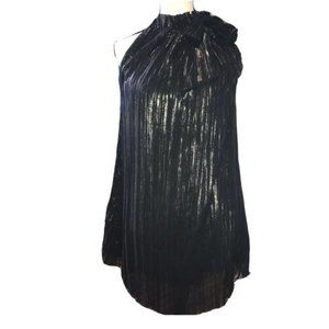 Vtg Rojas Black Dress LBD Sleeveless Paperback Tie Neck Gold Metallic Stripes M